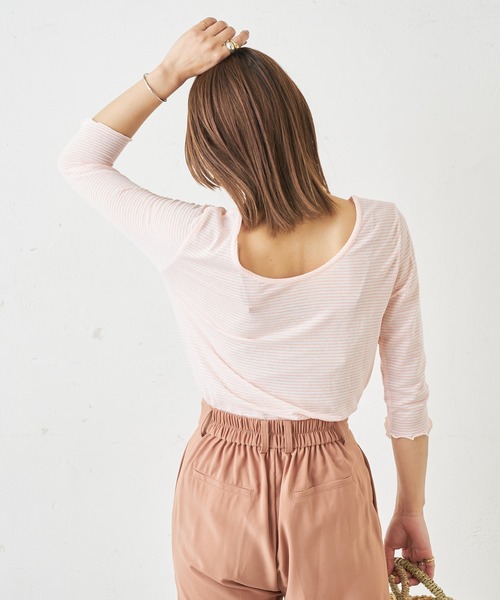 Omekashi（オメカシ）の「ボーダーバックシャンメロウTシャツ（Tシャツ/カットソー・レディース・ピンク/ブラック・FREE）」の9枚目の写真