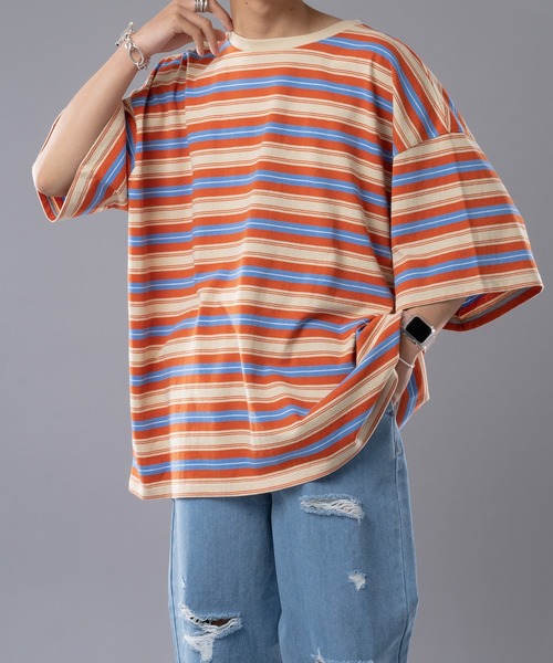 kutir(クティール)の「マルチボーダーTシャツ(Tシャツ/カットソー・メンズ・ライトブルー/オレンジ/モカ・MEDIUM/LARGE)」の1枚目の写真