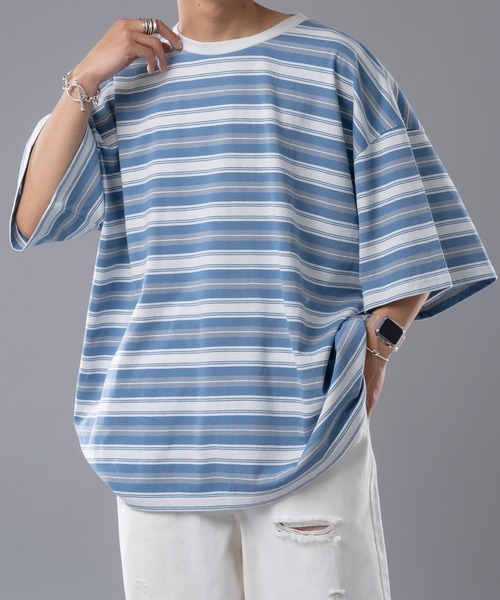 kutir(クティール)の「マルチボーダーTシャツ(Tシャツ/カットソー・メンズ・ライトブルー/オレンジ/モカ・MEDIUM/LARGE)」の3枚目の写真