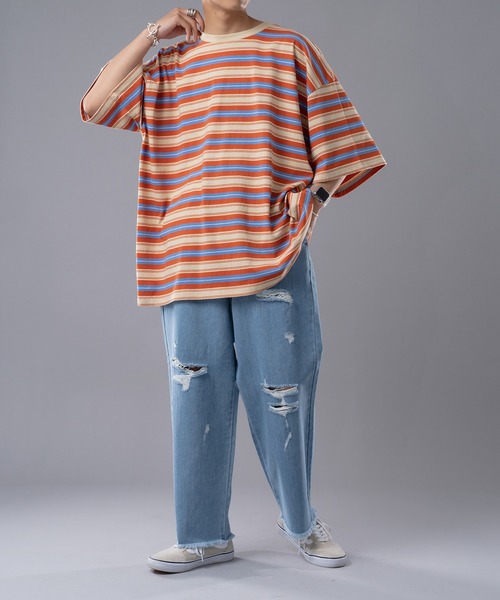 kutir(クティール)の「マルチボーダーTシャツ(Tシャツ/カットソー・メンズ・ライトブルー/オレンジ/モカ・MEDIUM/LARGE)」の5枚目の写真