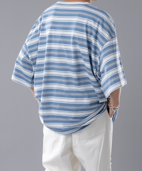 kutir(クティール)の「マルチボーダーTシャツ(Tシャツ/カットソー・メンズ・ライトブルー/オレンジ/モカ・MEDIUM/LARGE)」の15枚目の写真