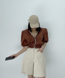 配色ヘムパフスリーブニットカーディガン