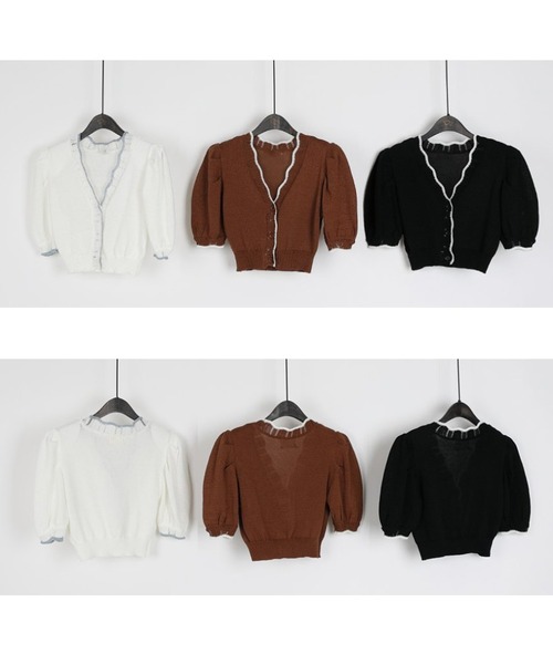 Jewelobe（ジュエローブ）の「配色ヘムパフスリーブニットカーディガン（カーディガン/ボレロ・レディース・オフホワイト/ブラック/ブラウン・FREE）」の10枚目の写真