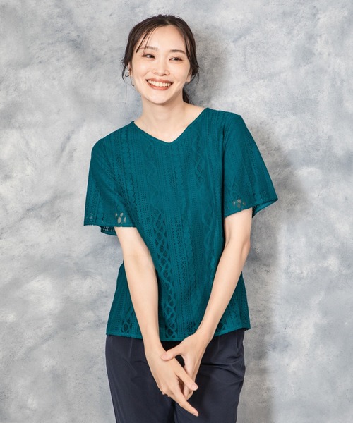 A/C DESIGN BY ALPHA CUBIC(エーシーデザインバイアルファキュービック)の「レース重ねTブラウス(Tシャツ/カットソー・レディース・ブラック/ホワイト/グリーン・LL/L/M)」の1枚目の写真