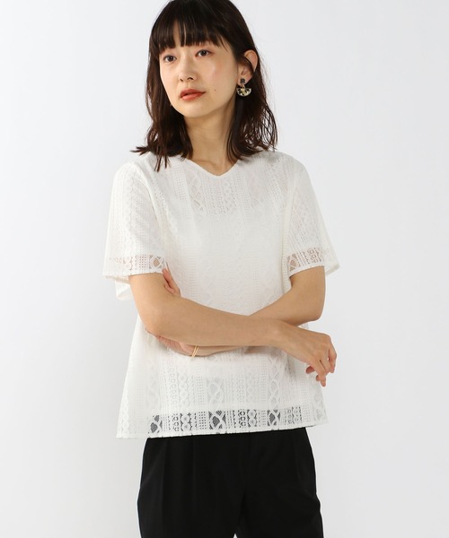A/C DESIGN BY ALPHA CUBIC(エーシーデザインバイアルファキュービック)の「レース重ねTブラウス(Tシャツ/カットソー・レディース・ブラック/ホワイト/グリーン・LL/L/M)」の20枚目の写真