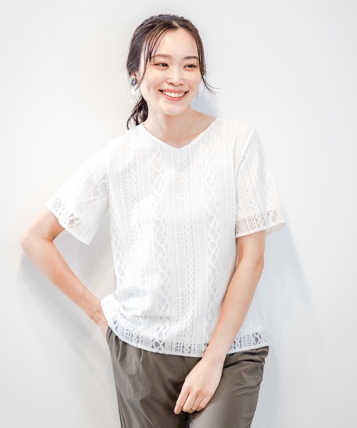 A/C DESIGN BY ALPHA CUBIC(エーシーデザインバイアルファキュービック)の「レース重ねTブラウス(Tシャツ/カットソー・レディース・ブラック/ホワイト/グリーン・LL/L/M)」の11枚目の写真