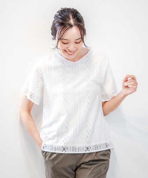 A/C DESIGN BY ALPHA CUBIC(エーシーデザインバイアルファキュービック)の「レース重ねTブラウス(Tシャツ/カットソー・レディース・ブラック/ホワイト/グリーン・LL/L/M)」の12枚目の写真