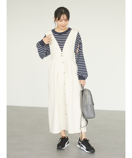 Green　Parks（グリーンパークス）の「【WEB限定】配色ステッチジャンスカ＊（ジャンパースカート・レディース・アイボリー・FREE）」の2枚目の写真