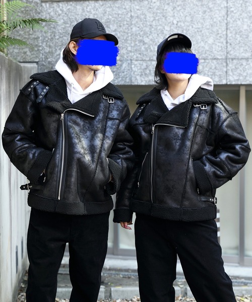 ８(eight)（エイト）の「フェイクムートンワイドライダースジャケット（ムートンコート・メンズ・ブラック/アイボリー/ベージュ・LARGE/MEDIUM）」の12枚目の写真