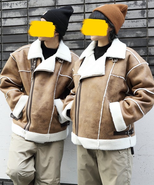 ８(eight)（エイト）の「フェイクムートンワイドライダースジャケット（ムートンコート・メンズ・ブラック/アイボリー/ベージュ・LARGE/MEDIUM）」の7枚目の写真