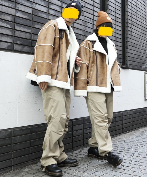 ８(eight)（エイト）の「フェイクムートンワイドライダースジャケット（ムートンコート・メンズ・ブラック/アイボリー/ベージュ・LARGE/MEDIUM）」の8枚目の写真