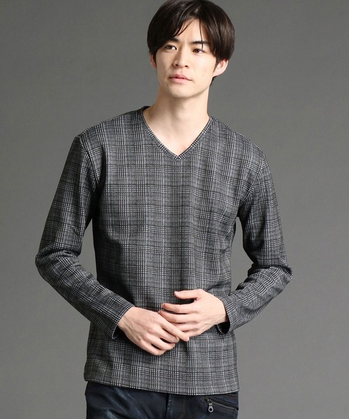 HIDEAWAYS NICOLE（ハイダウェイニコル）の「裏起毛ブリスターグレンチェックジャカード長袖Vネック（Tシャツ/カットソー・メンズ・グレー系その他/ネイビー/オフホワイト/ブラック/ホワイト×ブラック・X-LARGE/LARGE/MEDIUM）」の4枚目の写真