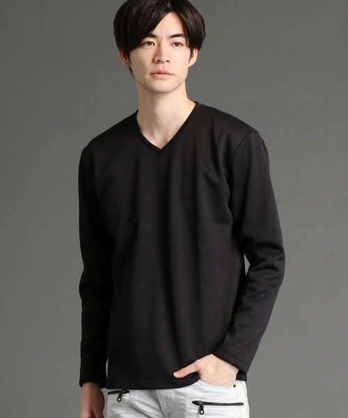 HIDEAWAYS NICOLE（ハイダウェイニコル）の「裏起毛ブリスターグレンチェックジャカード長袖Vネック（Tシャツ/カットソー・メンズ・グレー系その他/ネイビー/オフホワイト/ブラック/ホワイト×ブラック・X-LARGE/LARGE/MEDIUM）」の3枚目の写真