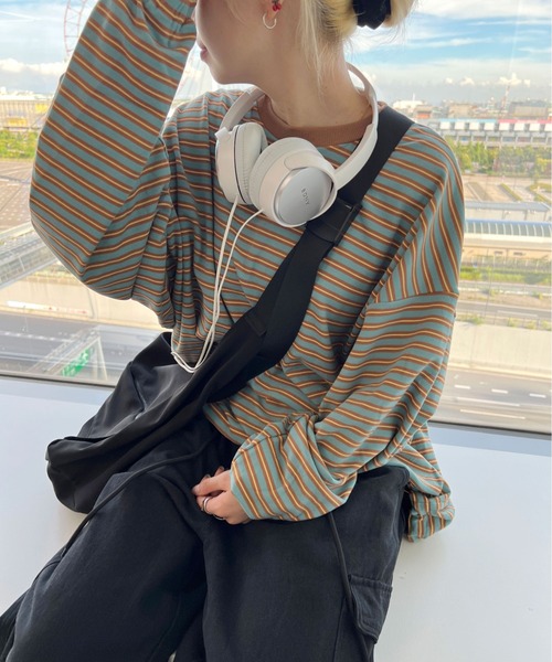 PairPair（ペアペア）の「起毛マルチボーダープルオーバー(ユニセックス)（Tシャツ/カットソー・レディース・ブラック系/グレー系/ブルー系・FREE）」の2枚目の写真