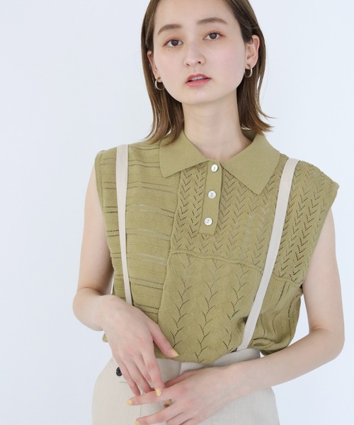 CLEIO（クレイオ）の「【CLEIO】パッチワークポロニット（ニット/セーター・レディース・ダークグリーン/ダークブラウン/アイボリー・FREE）」の3枚目の写真