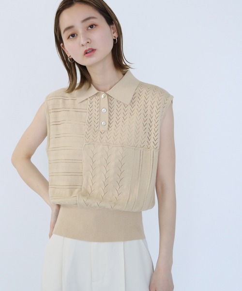 CLEIO（クレイオ）の「【CLEIO】パッチワークポロニット（ニット/セーター・レディース・ダークグリーン/ダークブラウン/アイボリー・FREE）」の4枚目の写真