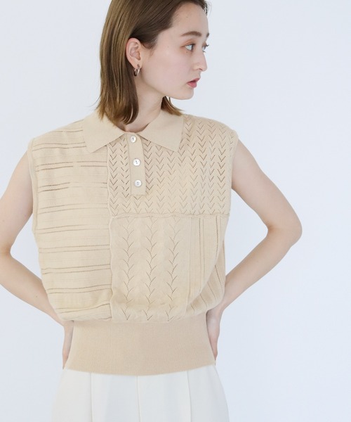 CLEIO（クレイオ）の「【CLEIO】パッチワークポロニット（ニット/セーター・レディース・ダークグリーン/ダークブラウン/アイボリー・FREE）」の5枚目の写真