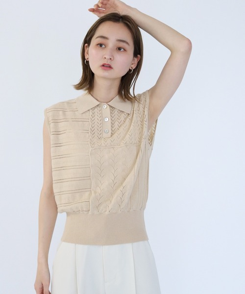 CLEIO（クレイオ）の「【CLEIO】パッチワークポロニット（ニット/セーター・レディース・ダークグリーン/ダークブラウン/アイボリー・FREE）」の6枚目の写真