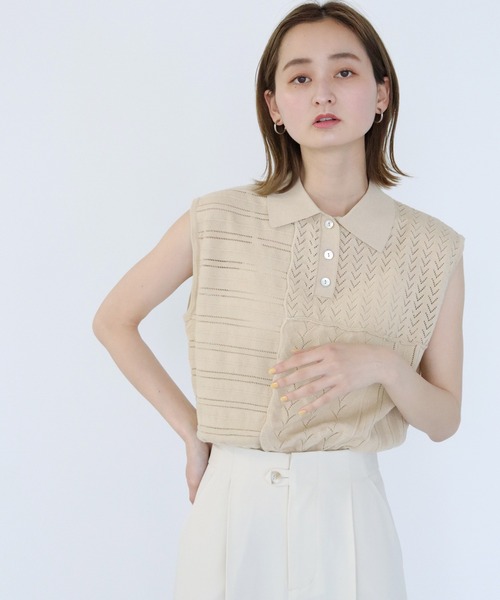 CLEIO（クレイオ）の「【CLEIO】パッチワークポロニット（ニット/セーター・レディース・ダークグリーン/ダークブラウン/アイボリー・FREE）」の8枚目の写真