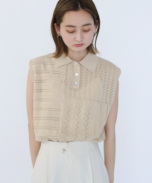 CLEIO（クレイオ）の「【CLEIO】パッチワークポロニット（ニット/セーター・レディース・ダークグリーン/ダークブラウン/アイボリー・FREE）」の9枚目の写真