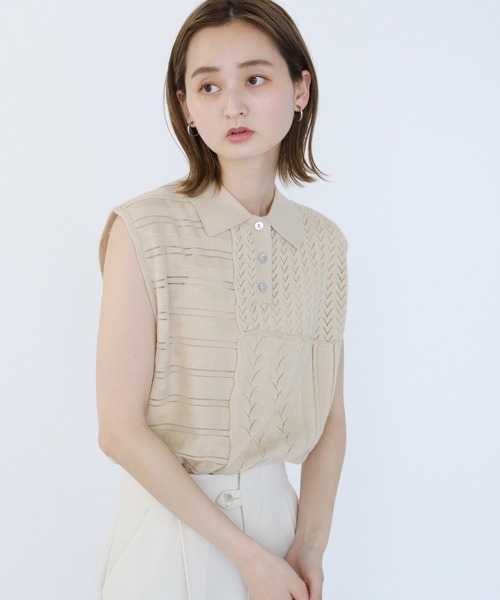 CLEIO（クレイオ）の「【CLEIO】パッチワークポロニット（ニット/セーター・レディース・ダークグリーン/ダークブラウン/アイボリー・FREE）」の10枚目の写真