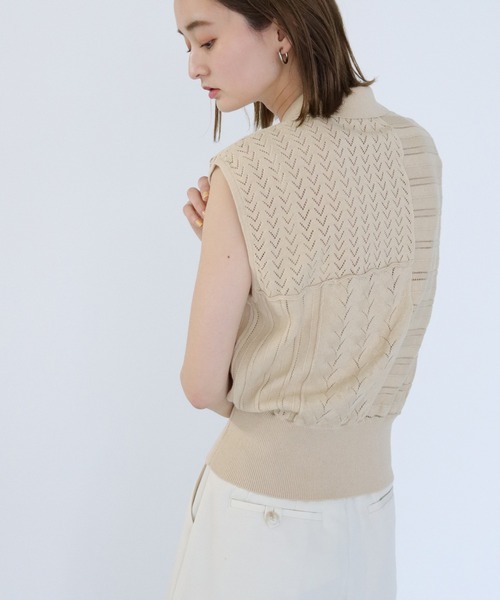 CLEIO（クレイオ）の「【CLEIO】パッチワークポロニット（ニット/セーター・レディース・ダークグリーン/ダークブラウン/アイボリー・FREE）」の7枚目の写真