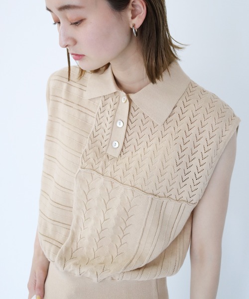 CLEIO（クレイオ）の「【CLEIO】パッチワークポロニット（ニット/セーター・レディース・ダークグリーン/ダークブラウン/アイボリー・FREE）」の11枚目の写真