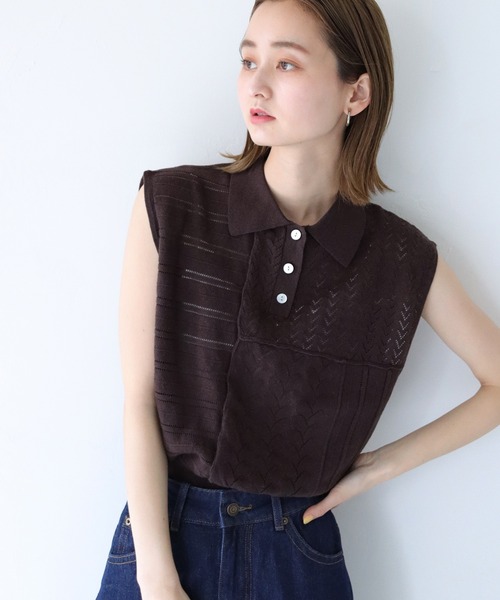 CLEIO（クレイオ）の「【CLEIO】パッチワークポロニット（ニット/セーター・レディース・ダークグリーン/ダークブラウン/アイボリー・FREE）」の18枚目の写真