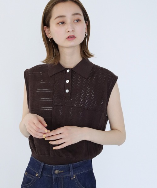 CLEIO（クレイオ）の「【CLEIO】パッチワークポロニット（ニット/セーター・レディース・ダークグリーン/ダークブラウン/アイボリー・FREE）」の19枚目の写真