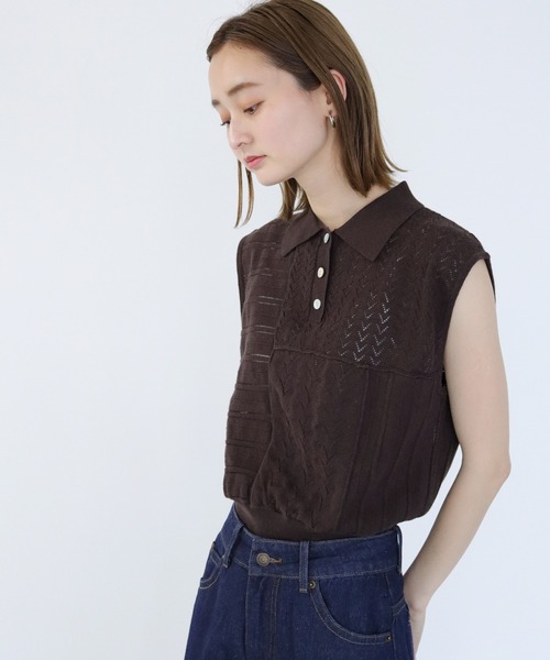 CLEIO（クレイオ）の「【CLEIO】パッチワークポロニット（ニット/セーター・レディース・ダークグリーン/ダークブラウン/アイボリー・FREE）」の20枚目の写真