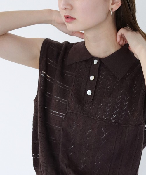 CLEIO（クレイオ）の「【CLEIO】パッチワークポロニット（ニット/セーター・レディース・ダークグリーン/ダークブラウン/アイボリー・FREE）」の22枚目の写真