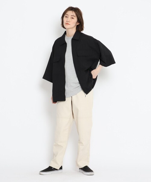 BASECONTROL(ベースコントロール)の「◆リネンタッチシャンブレー ビッグシルエット 半袖ジップシャツ(シャツ/ブラウス・レディース・ブラック/ベージュ/ネイビー・99)」の14枚目の写真