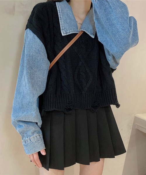 Jewelobe(ジュエローブ)の「デニムドッキングケーブルニットトップス(ニット/セーター・レディース・ブラック/杢グレー・FREE)」の3枚目の写真