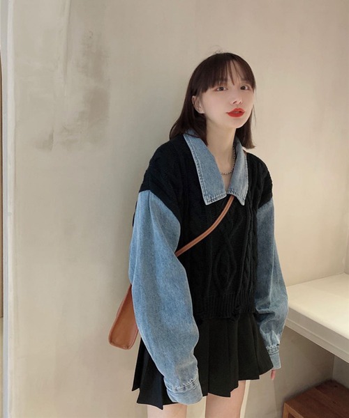 Jewelobe(ジュエローブ)の「デニムドッキングケーブルニットトップス(ニット/セーター・レディース・ブラック/杢グレー・FREE)」の4枚目の写真