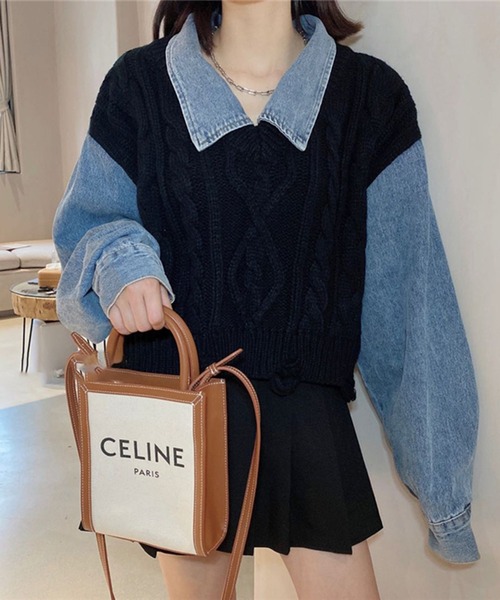 Jewelobe(ジュエローブ)の「デニムドッキングケーブルニットトップス(ニット/セーター・レディース・ブラック/杢グレー・FREE)」の6枚目の写真