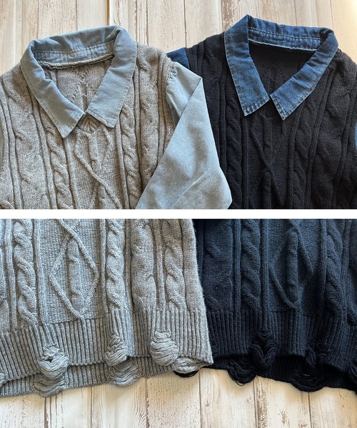 Jewelobe(ジュエローブ)の「デニムドッキングケーブルニットトップス(ニット/セーター・レディース・ブラック/杢グレー・FREE)」の12枚目の写真