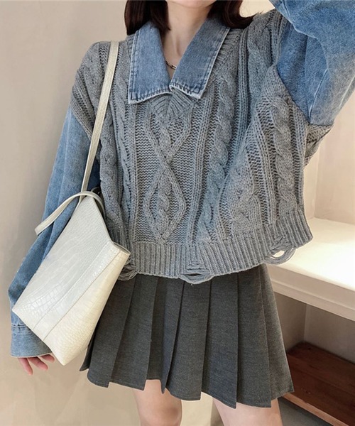 Jewelobe(ジュエローブ)の「デニムドッキングケーブルニットトップス(ニット/セーター・レディース・ブラック/杢グレー・FREE)」の8枚目の写真