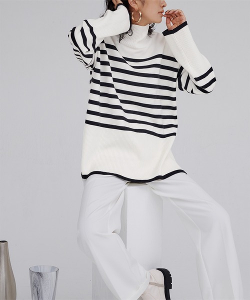 UR'S（ユアーズ）の「デザインボーダーニット（ニット/セーター・レディース・ホワイト/ブラック・M/S）」の11枚目の写真