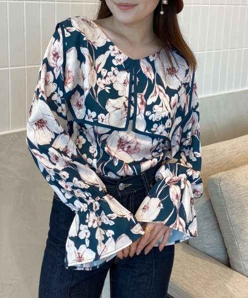 EIMY ISTOIRE(エイミーイストワール)の「SheilaFlowerビッグカラーブラウス(シャツ/ブラウス・レディース・ネイビー/グリーン系その他/ブラウン・FREE)」の3枚目の写真
