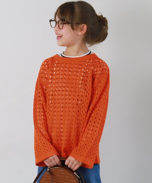 coca(coca)(コカ)の「キッズ ニット レース編み Uネック トップス(ニット/セーター・キッズ・オレンジ/ライトグリーン/アイボリー・100/110/120/130/140)」の3枚目の写真