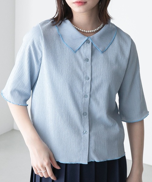BONLECILL(ボンルシール)の「配色メロー楊柳5分袖シャツブラウス(シャツ/ブラウス・レディース・ブルー/ブラック/アイボリー/グリーン/オレンジ/ミント・FREE)」の5枚目の写真