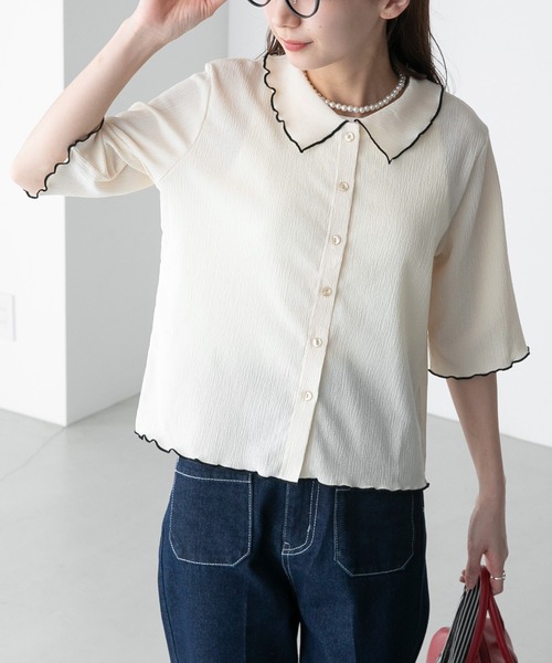 BONLECILL(ボンルシール)の「配色メロー楊柳5分袖シャツブラウス(シャツ/ブラウス・レディース・ブルー/ブラック/アイボリー/グリーン/オレンジ/ミント・FREE)」の1枚目の写真