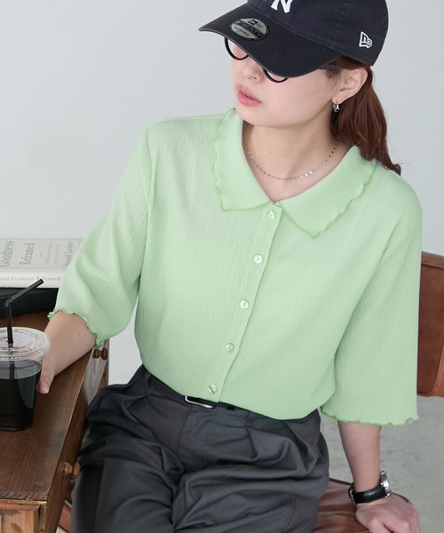 BONLECILL(ボンルシール)の「配色メロー楊柳5分袖シャツブラウス(シャツ/ブラウス・レディース・ブルー/ブラック/アイボリー/グリーン/オレンジ/ミント・FREE)」の4枚目の写真