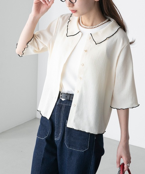 BONLECILL(ボンルシール)の「配色メロー楊柳5分袖シャツブラウス(シャツ/ブラウス・レディース・ブルー/ブラック/アイボリー/グリーン/オレンジ/ミント・FREE)」の7枚目の写真