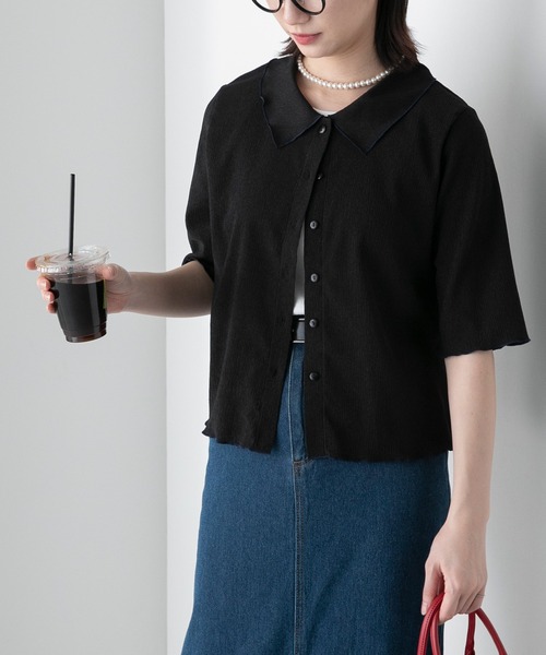 BONLECILL(ボンルシール)の「配色メロー楊柳5分袖シャツブラウス(シャツ/ブラウス・レディース・ブルー/ブラック/アイボリー/グリーン/オレンジ/ミント・FREE)」の9枚目の写真