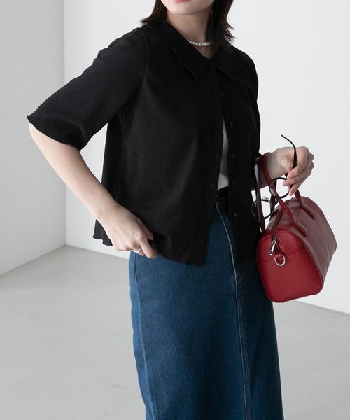 BONLECILL(ボンルシール)の「配色メロー楊柳5分袖シャツブラウス(シャツ/ブラウス・レディース・ブルー/ブラック/アイボリー/グリーン/オレンジ/ミント・FREE)」の10枚目の写真