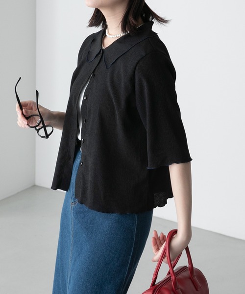 BONLECILL(ボンルシール)の「配色メロー楊柳5分袖シャツブラウス(シャツ/ブラウス・レディース・ブルー/ブラック/アイボリー/グリーン/オレンジ/ミント・FREE)」の11枚目の写真