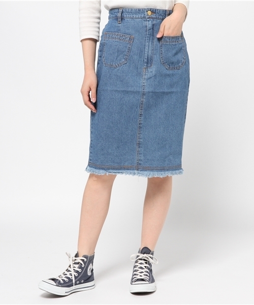 Omekashi(オメカシ)の「【Omekashi】デニムタイトスカート(デニムスカート・レディース・ブルー/ネイビー・フリ-)」の2枚目の写真