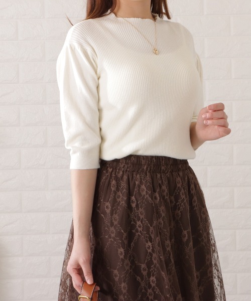 Lace Ladies(レースレディース)の「半袖リブニットボトルネックプルオーバー(シャツ/ブラウス・レディース・ピンク/グリーン/ベージュ/ホワイト/ブラック・FREE)」の2枚目の写真
