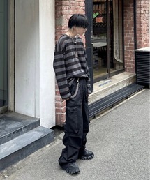 Chikashitsu + | ストリートファッション Chikashitsu + チカシツプラス design flare knee tuck cargo denim pants デニムパンツ ジーンズ カーゴパンツ ポケットデニム タックパンツ フレアデニム フレアパンツ(デニムパンツ)